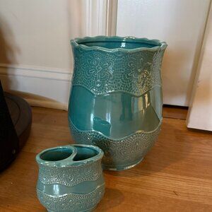 Bathroom Ceramic Trash Can & Toothbrush Holder Set Teal Bath Accessories Powder
